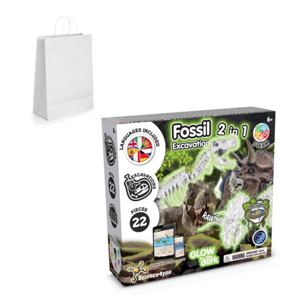 2 in 1 Fossil Excavation Kit II. Jeu éducatif livré avec un sac cadeau en papier kraft (90 g/m²), fabriqué à partir de matériaux certifiés fsc™ et d'autres matériaux certifiés