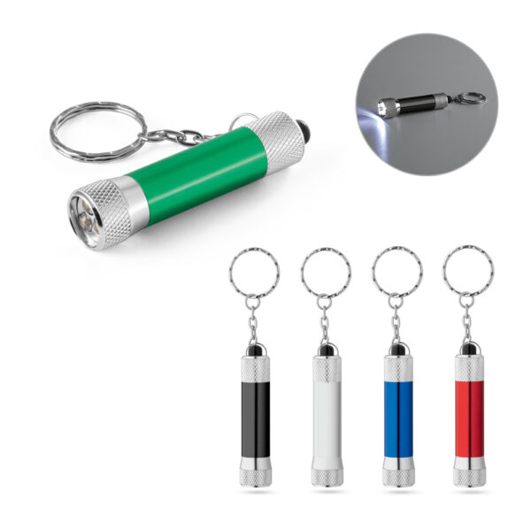 RE-LERGAN. Porte-clés en aluminium (92 % recyclé) avec lampe de poche led à 3 lumières