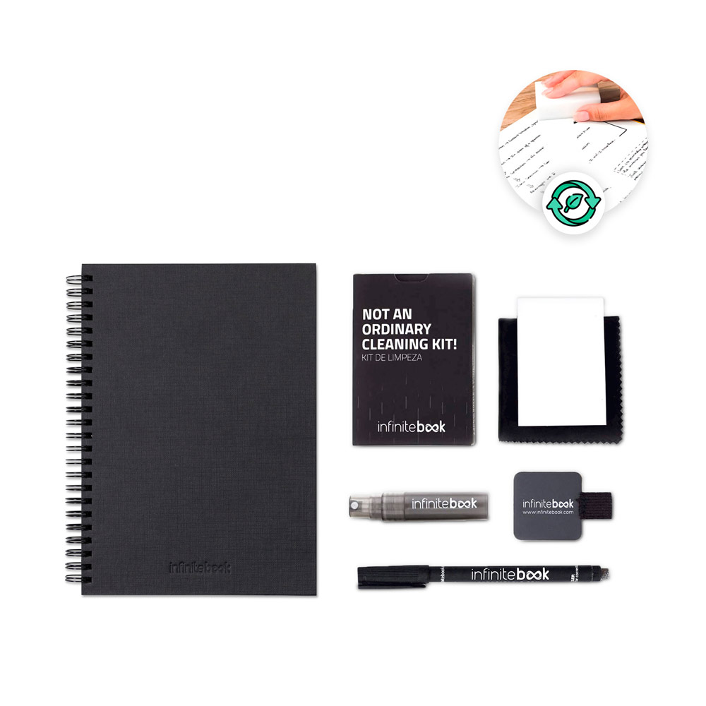 STARTER KIT INFINITEBOOK A5 PLANNER TEXTURE. Kit comprenant un « infinitebook » à couverture rigide, 1 kit de nettoyage, 1 marqueur et 1 porte-stylo à bille