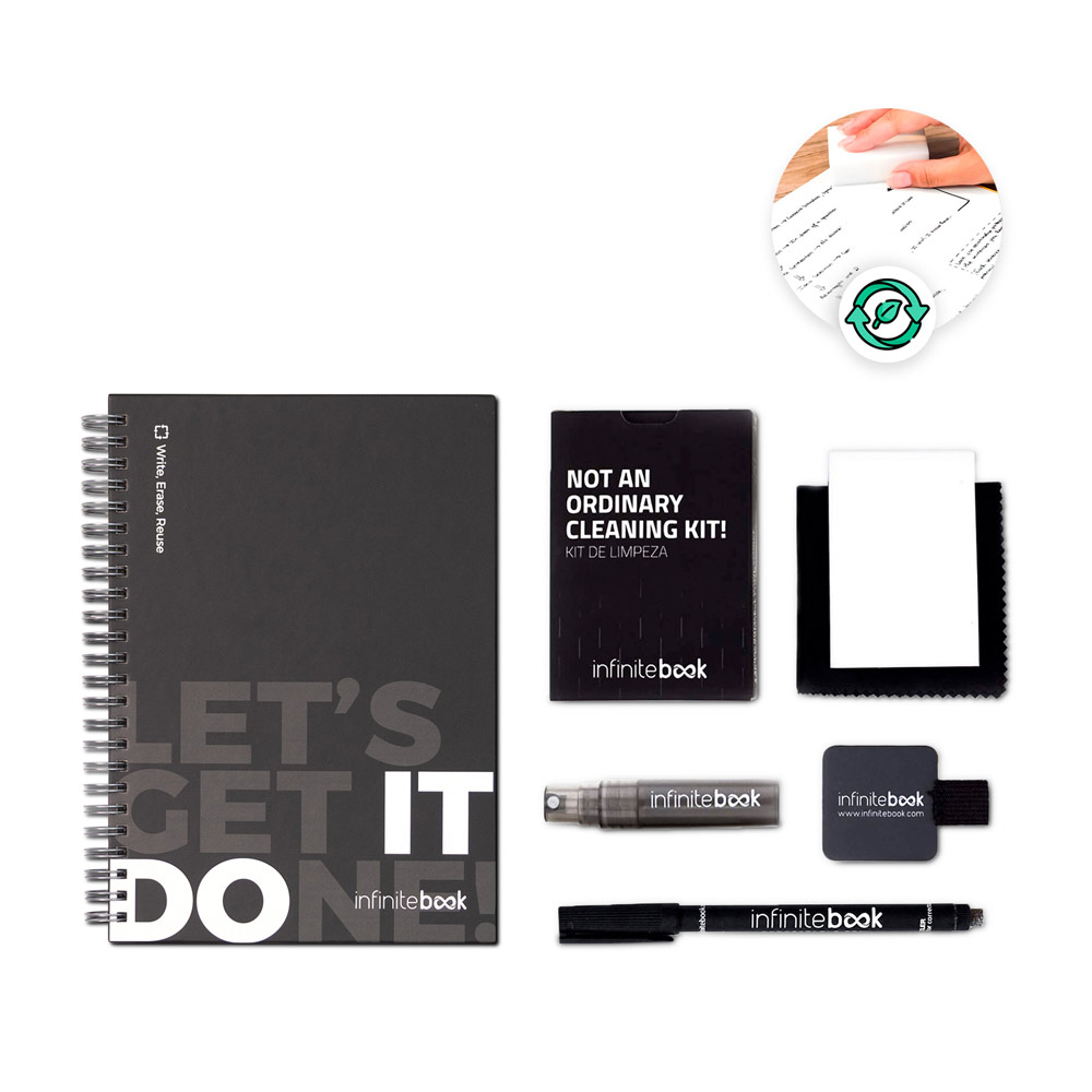 STARTER KIT INFINITEBOOK. Kit « infinitebook » à couverture rigide, 1 kit de nettoyage, 1 marqueur et 1 porte-stylo à bille