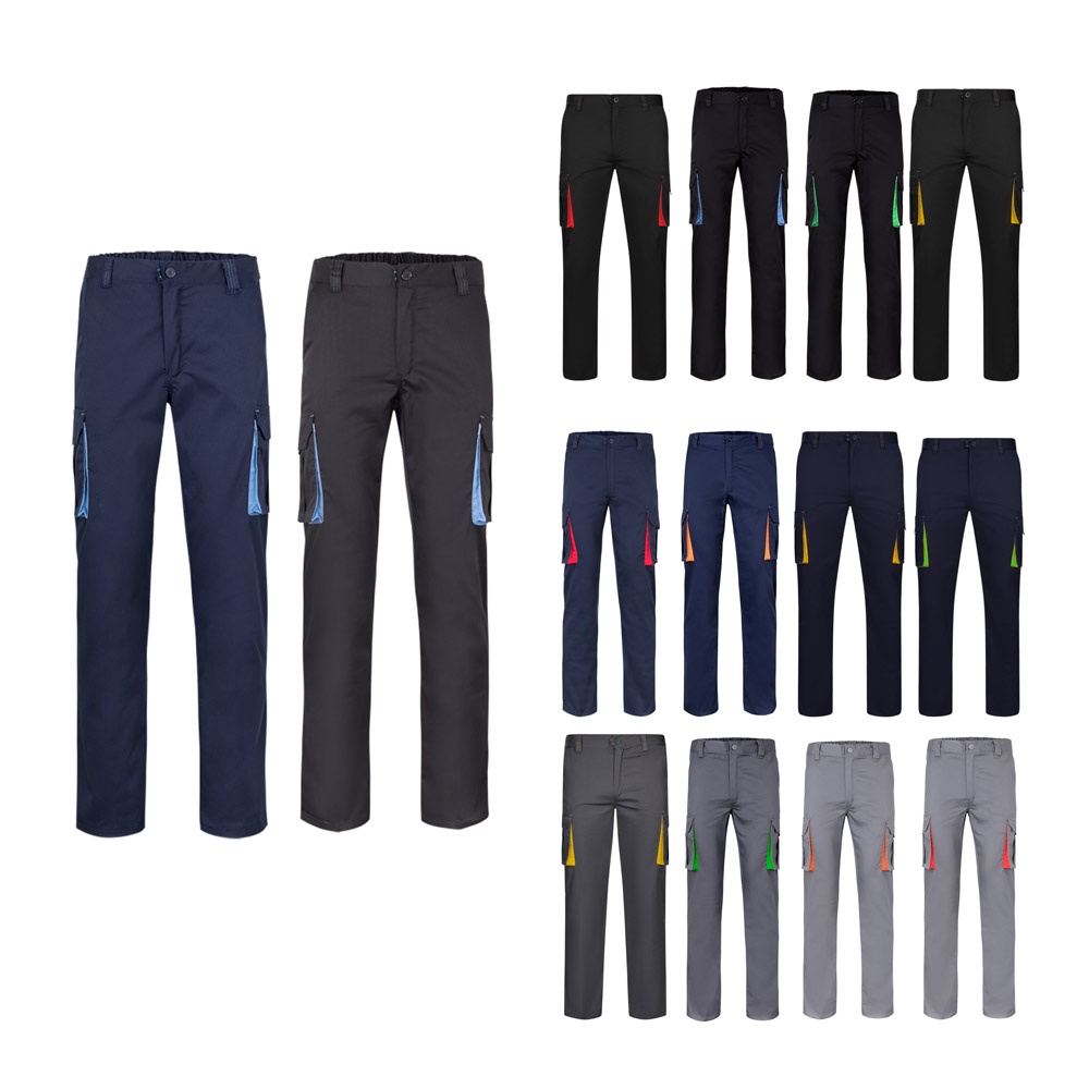 VL FIDES. Pantalon stretch bicolore, multipoches (240g/m²), en coton (46%), eme (38%) et polyester (16%)