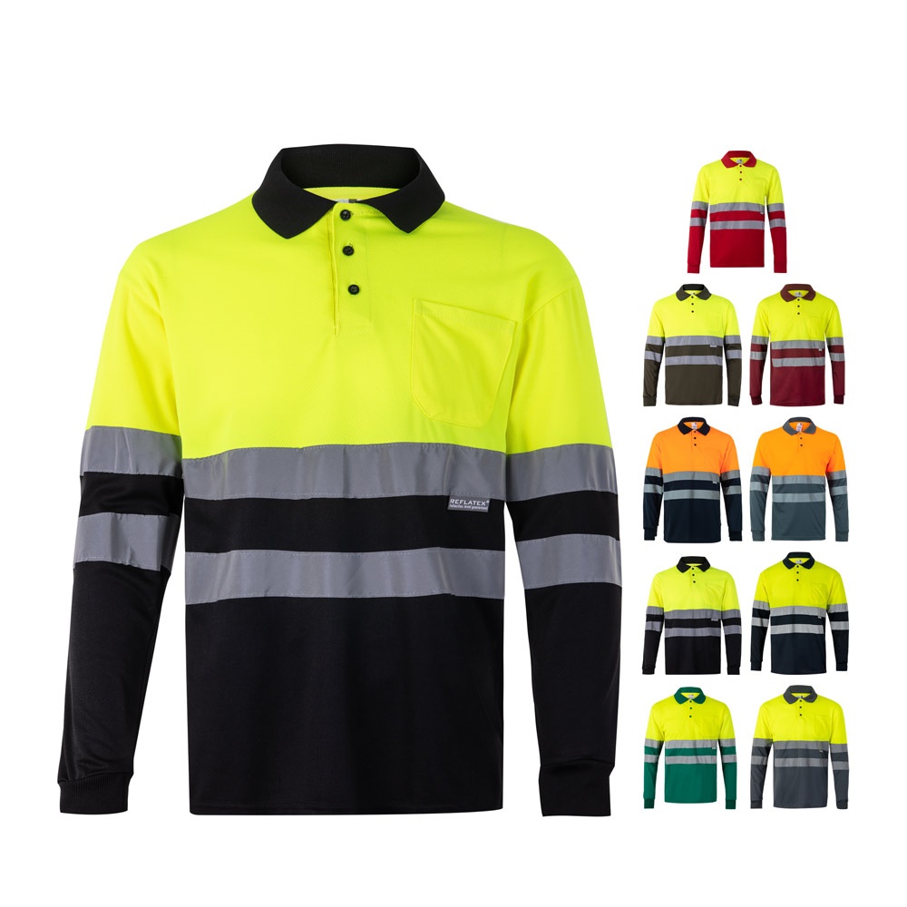 VL VULCAN. Polo bicolore (160g/m²) à manches longues, en polyester (100%)