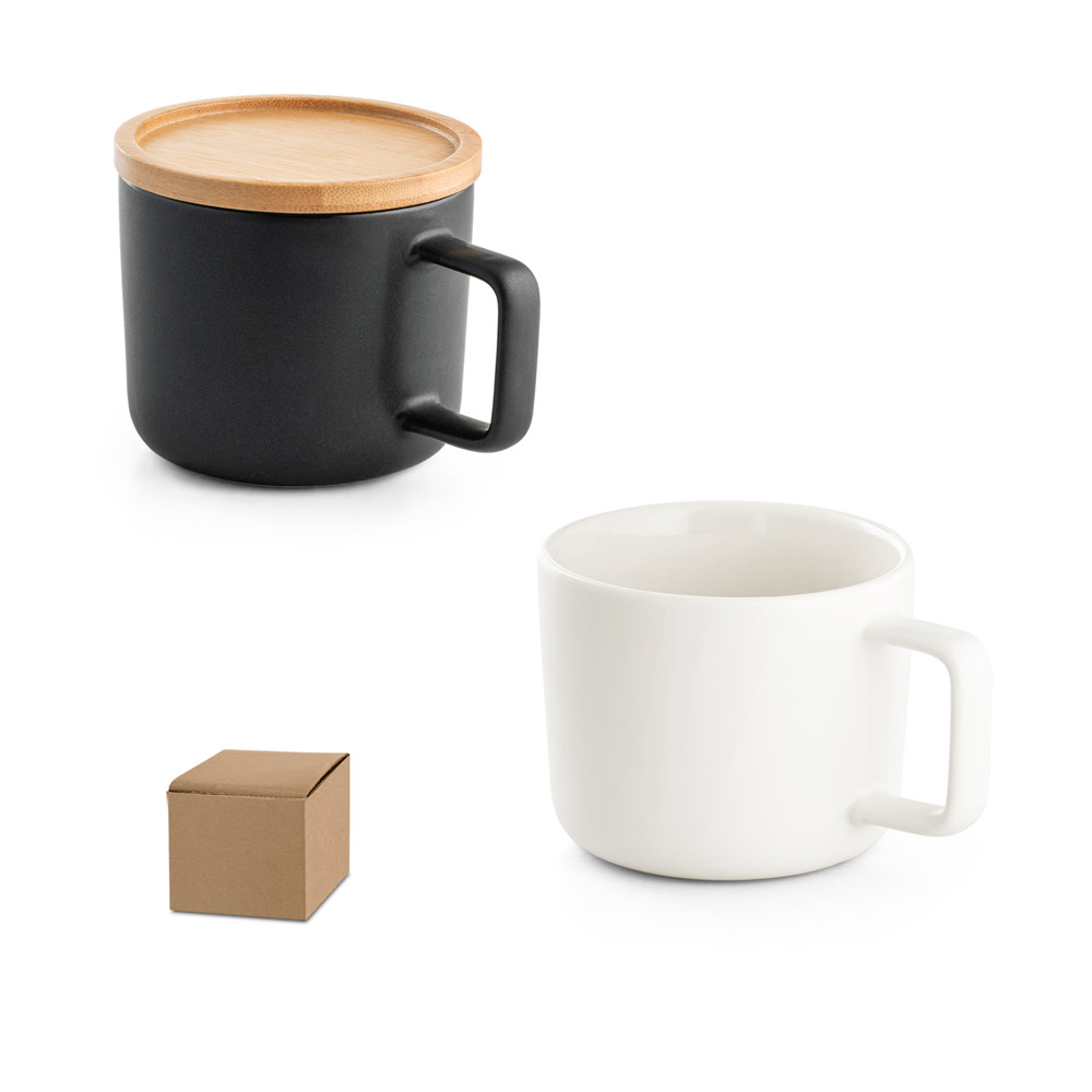 FANGIO. Tasse en céramique 220 ml avec couvercle et base en bambou