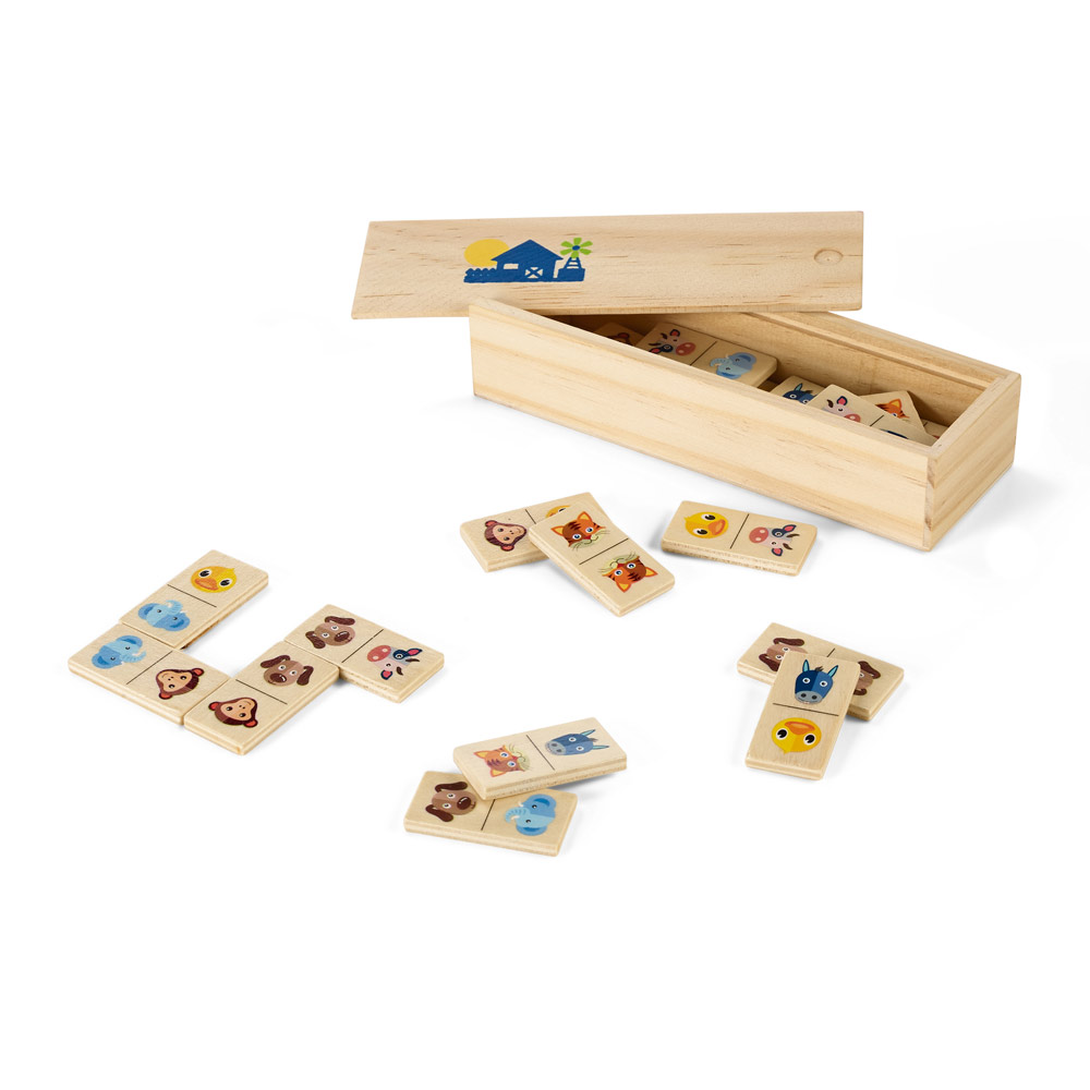 DOMIN. Jeu de dominos en bois pour enfants avec 28 des dessins d'animaux
